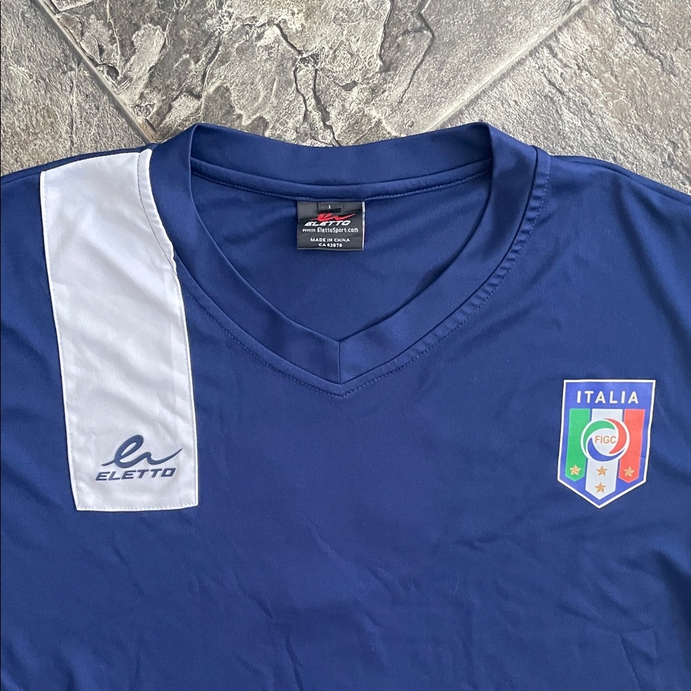 ITALIA FIGC FOOTBALL Blue & White Eletto V-Neck Sporty Soccer Jersey w Crest